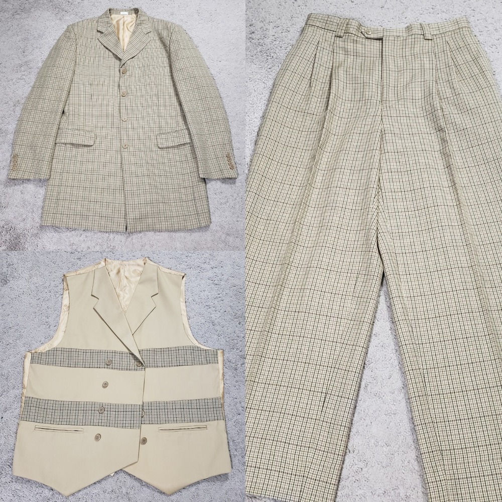 EJ Samuel 3 Piece Suit Men 44L 32x29 Tan Houndstooth Plaid Blazer Vest Pants Set